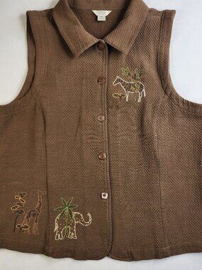 Christopher & Banks Woman's XL Brown Embroidered Safari Animals Vest Button